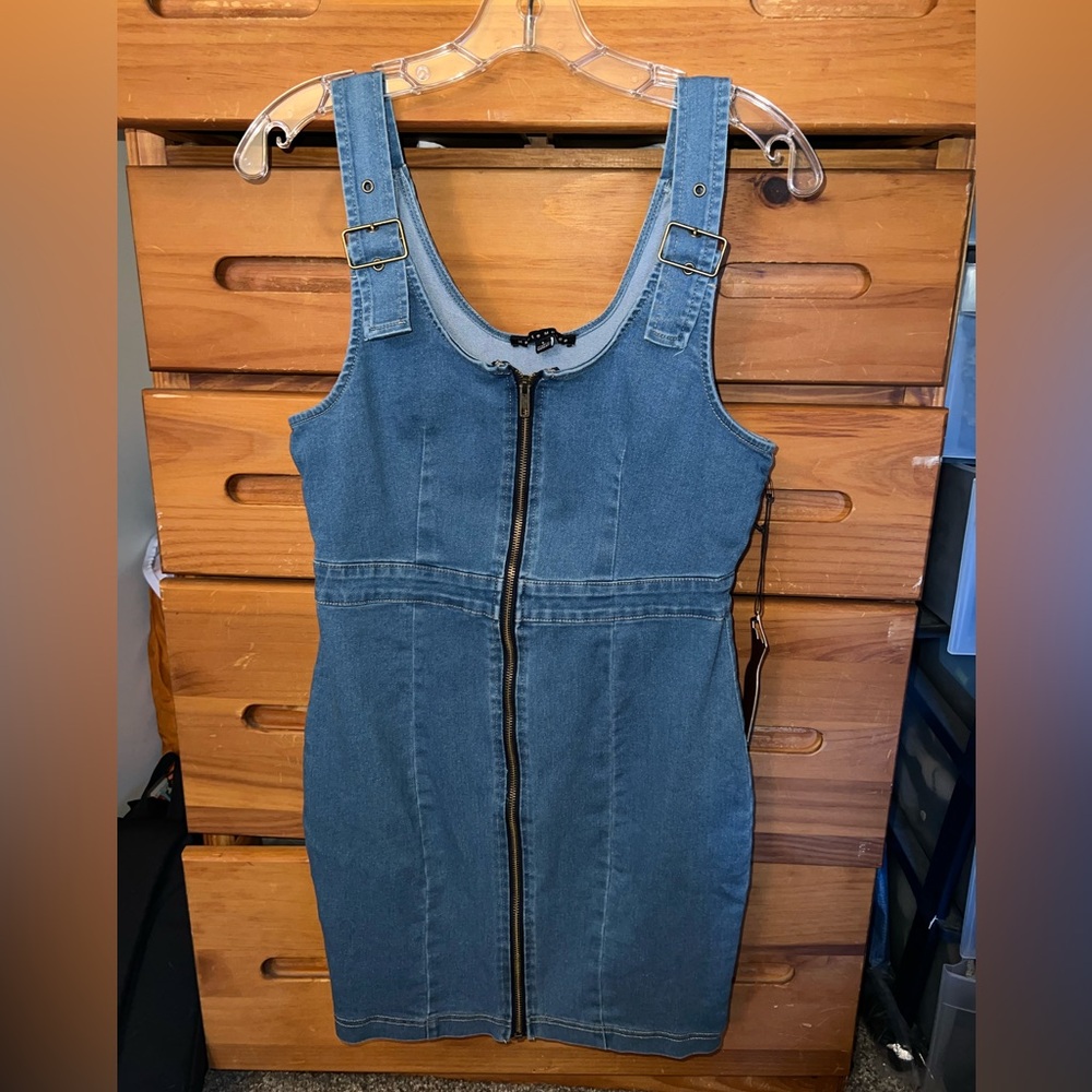 Haute Monde Blue Denim Mini Dress with Front Zipper LARGE